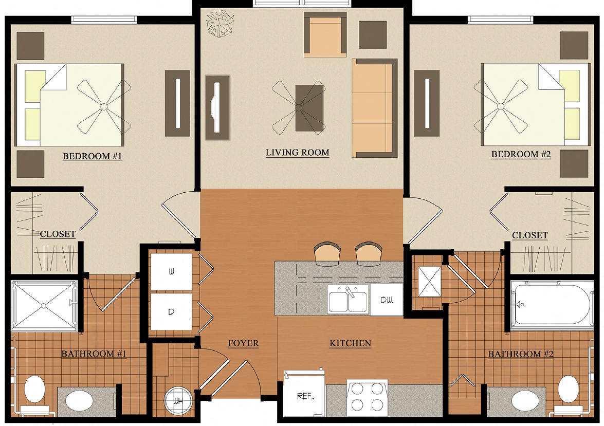 Floor plan for 2 beds, 2 baths, 895 sqft